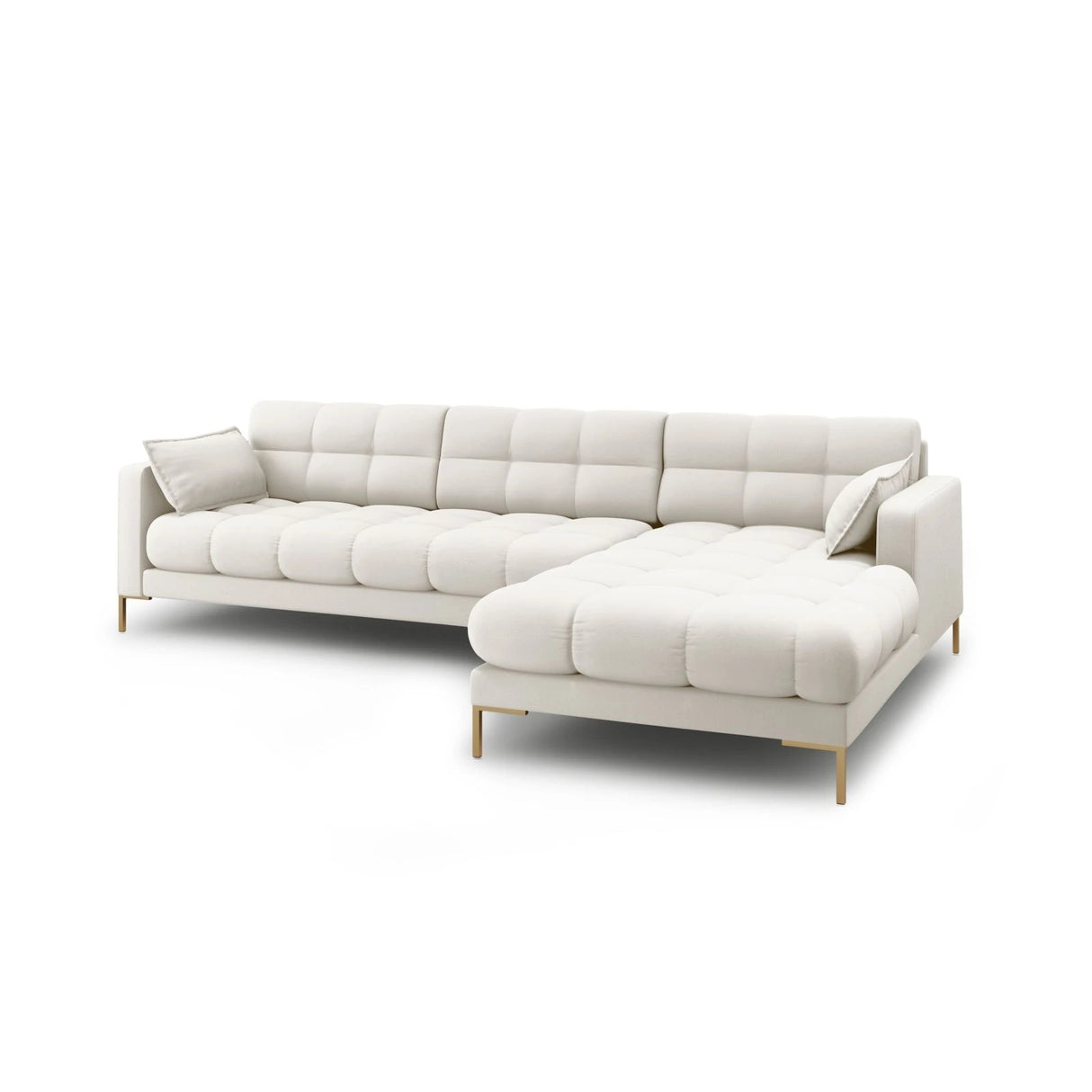 Mamaia 4-Sitzer Ecksofa, Rechte Seite, Beine Goldmetall, mit Bezug aus Samt oder Strukturstoff, 293x185 cm – Bild 4