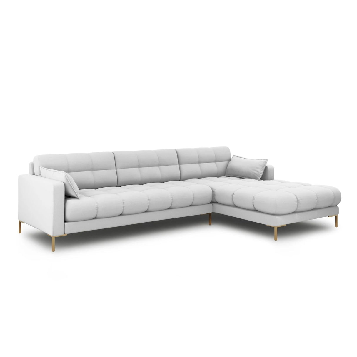 Mamaia 4-Sitzer Ecksofa, Rechte Seite, Beine Goldmetall, mit Bezug aus Strukturierter Stoff (Nev80) in Hellgrau, 293x185 cm – Bild 3