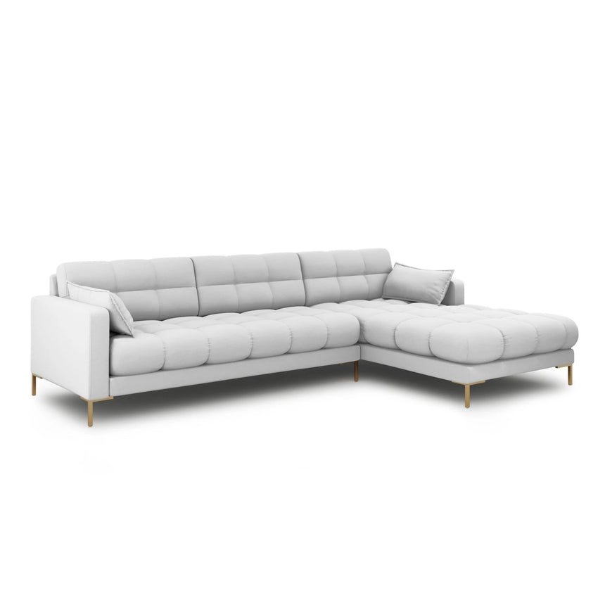 Mamaia 4-Sitzer Ecksofa, Rechte Seite, Beine Goldmetall, mit Bezug aus Strukturierter Stoff (Nev80) in Hellgrau, 293x185 cm – Bild 3