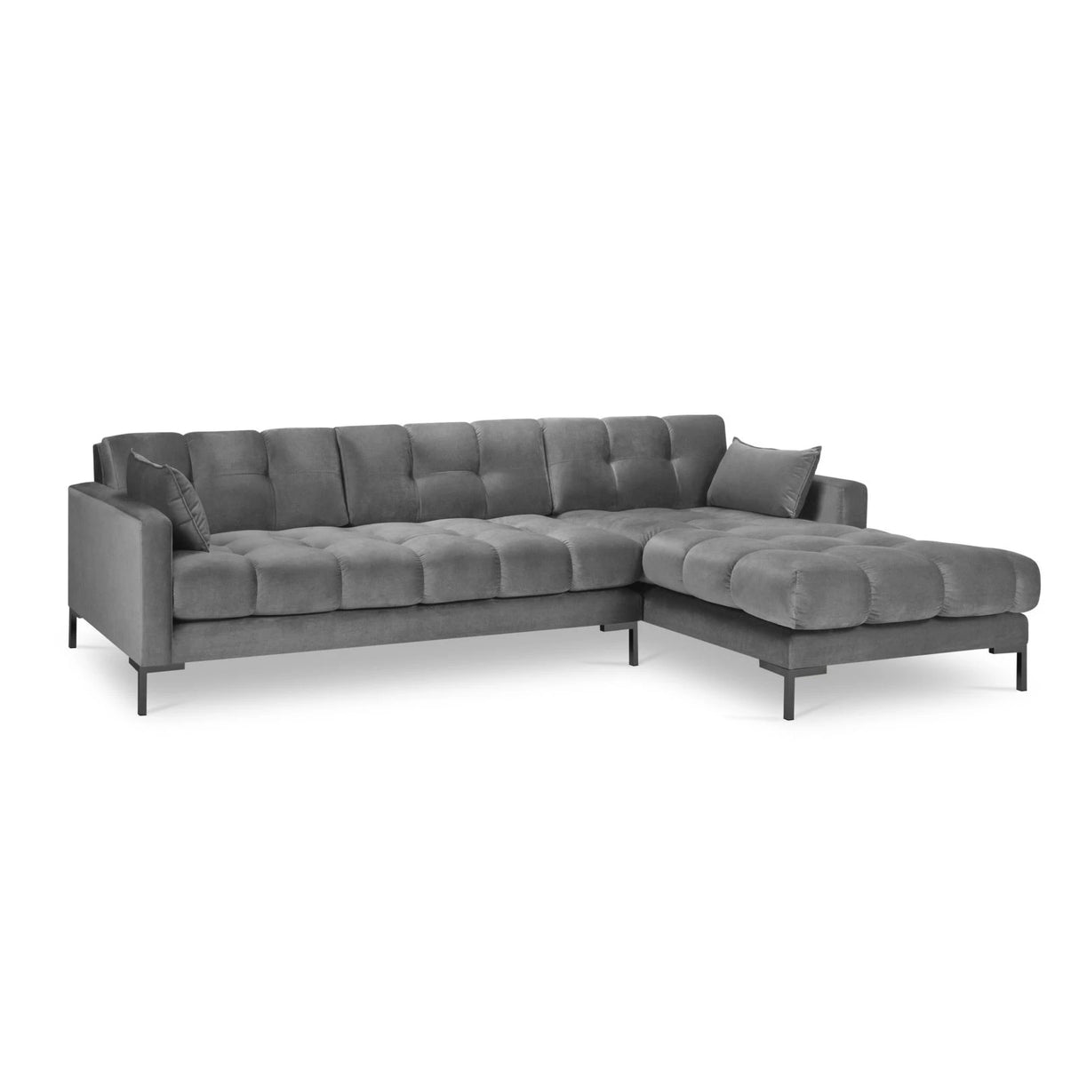 Mamaia 4-Sitzer Ecksofa, Rechte Seite, Metallbeine Schwarz, mit Bezug aus Samt (Blu13) in Hellgrau, 293x185 cm – Bild 4