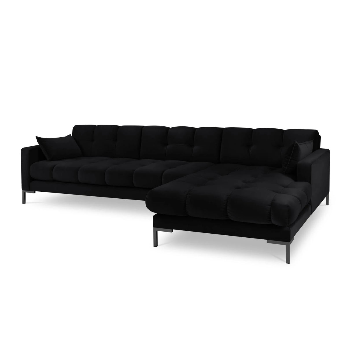 Mamaia 4-Sitzer Ecksofa, Rechte Seite, Metallbeine Schwarz, mit Bezug aus Samt (Blu19) in Schwarz, 293x185 cm – Bild 1