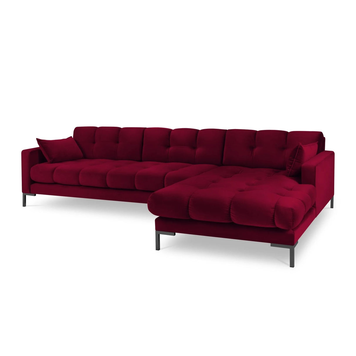 Mamaia 4-Sitzer Ecksofa, Rechte Seite, Metallbeine Schwarz, mit Bezug aus Samt (Blu59) in Rot, 293x185 cm – Bild 1