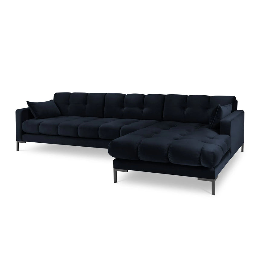 Mamaia 4-Sitzer Ecksofa, Rechte Seite, Metallbeine Schwarz, mit Bezug aus Samt (Blu89) in Dunkelblau, 293x185 cm – Bild 1