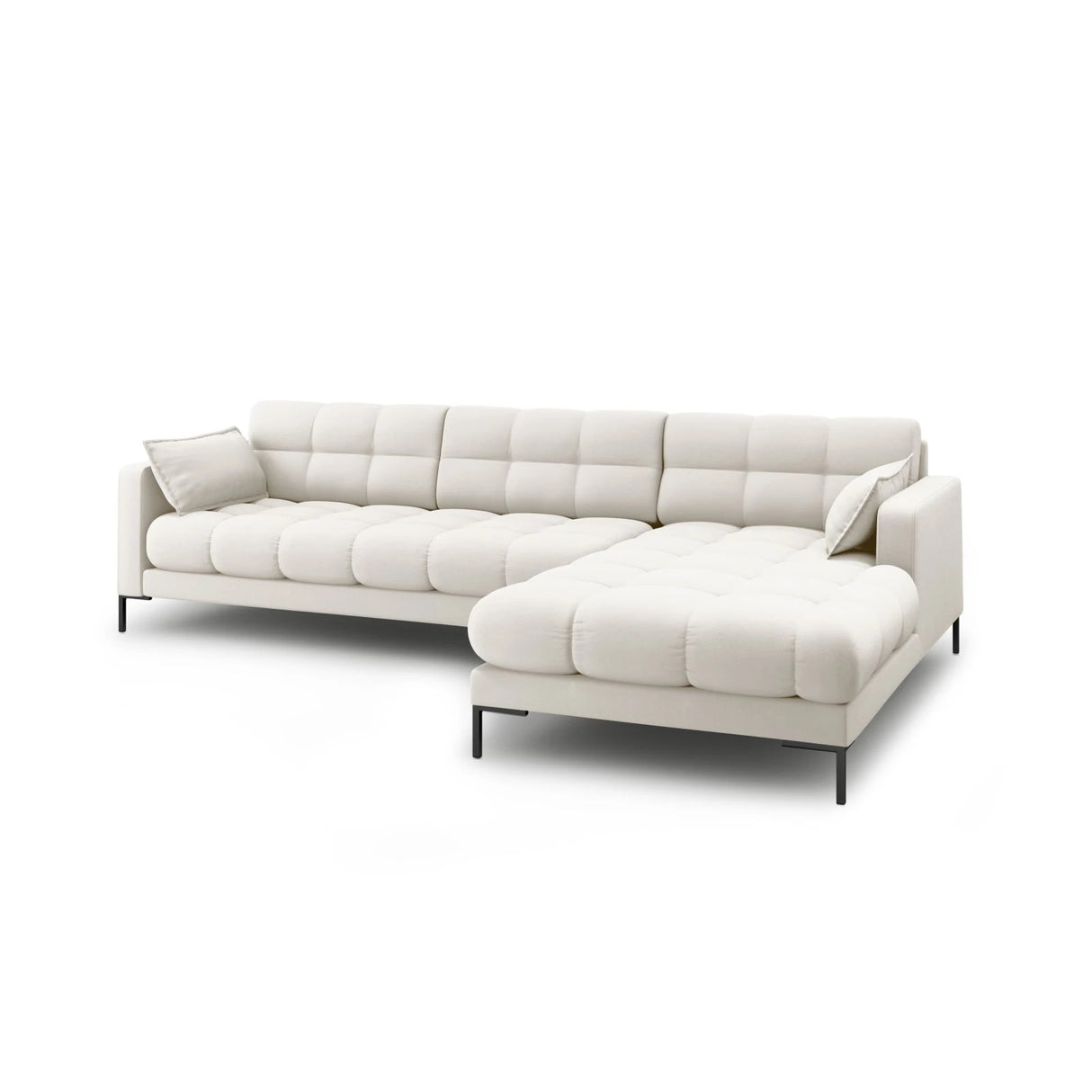 Mamaia 4-Sitzer Ecksofa, Rechte Seite, Metallbeine Schwarz, mit Bezug aus Samt oder Strukturstoff, 293x185 cm – Bild 4