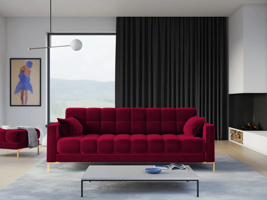 Mamaia 4-Sitzer Sofa, Beine Goldmetall, mit Bezug aus Samt (Blu59) in Rot, 217x96 cm – Bild 2