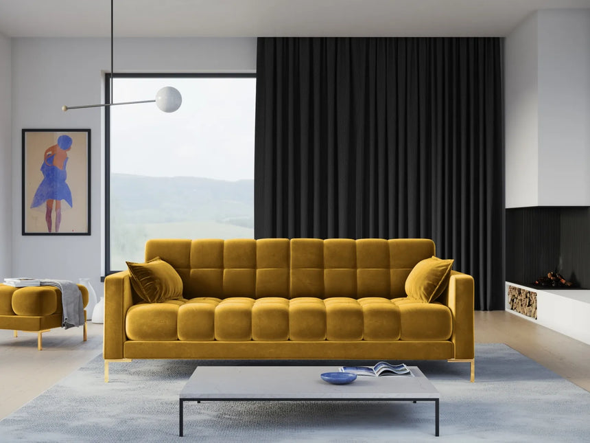 Mamaia 4-Sitzer Sofa, Beine Goldmetall, mit Bezug aus Samt (Blu68) in Gelb, 217x96 cm – Bild 2
