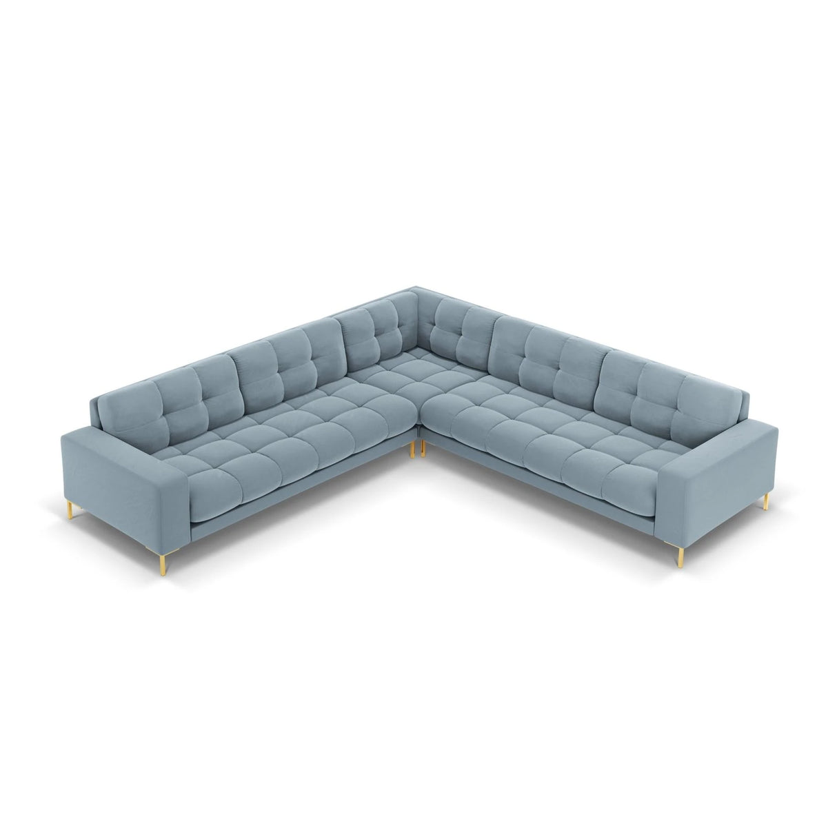Mamaia 5-Sitzer Ecksofa symmetrisch, Beine Goldmetall, mit Bezug aus Samt (Blu06) in Hellblau, 256x256 cm – Bild 4