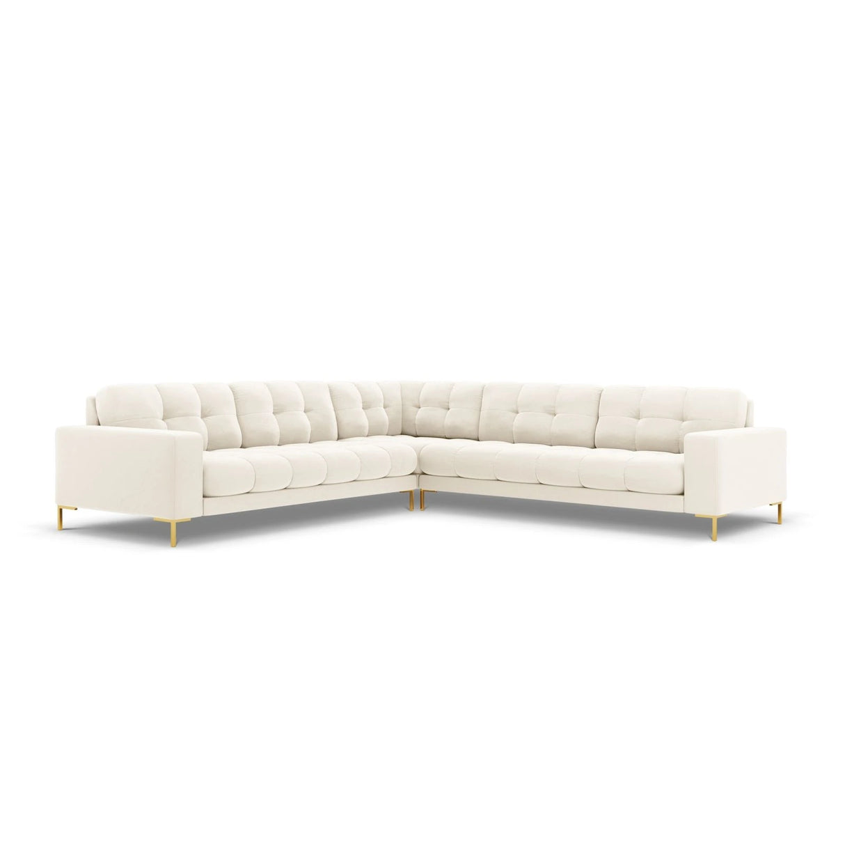 Mamaia 5-Sitzer Ecksofa symmetrisch, Beine Goldmetall, mit Bezug aus Samt (Blu22) in Leichtes Beige, 256x256 cm – Bild 1