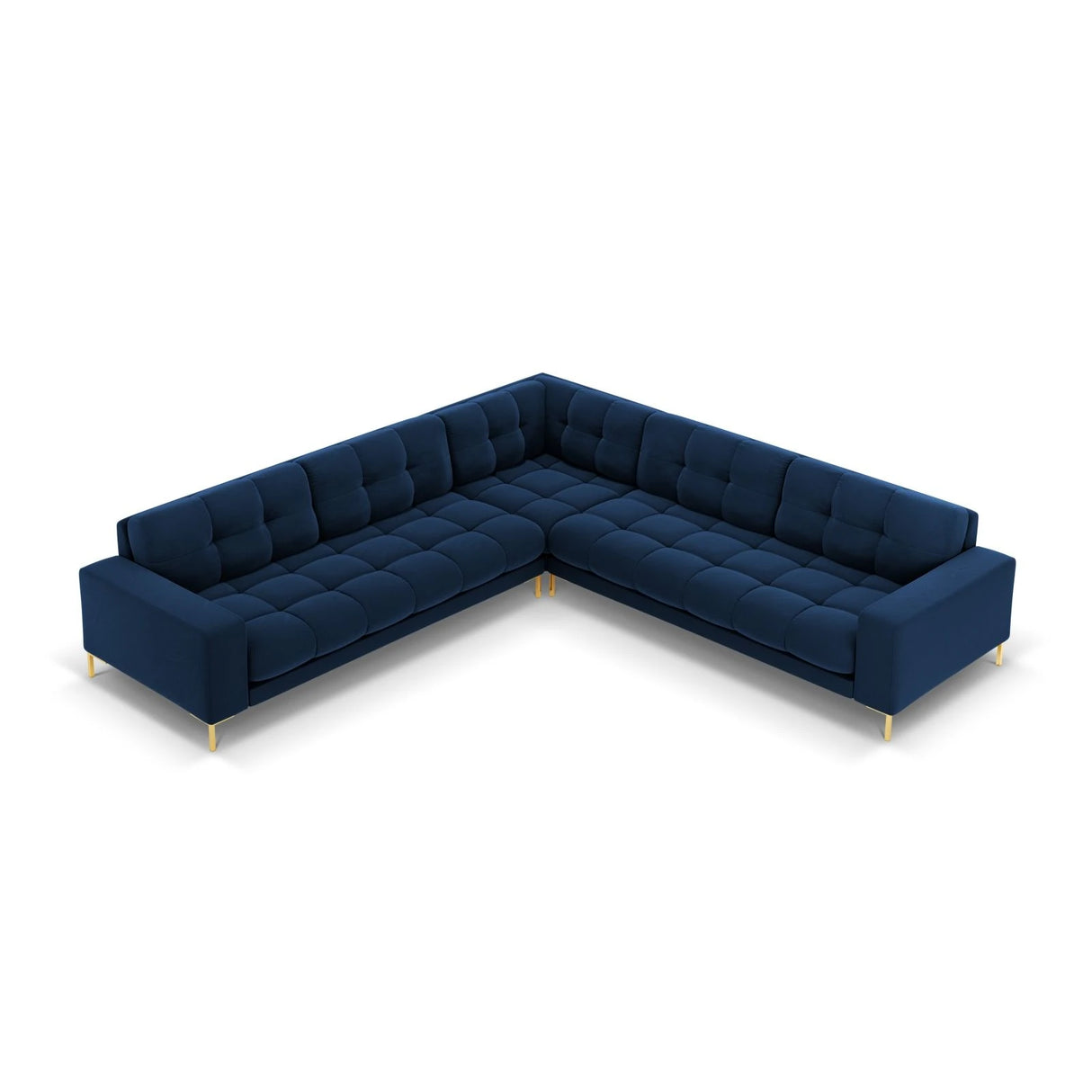Mamaia 5-Sitzer Ecksofa symmetrisch, Beine Goldmetall, mit Bezug aus Samt (Blu86) in Königsblau, 256x256 cm – Bild 4