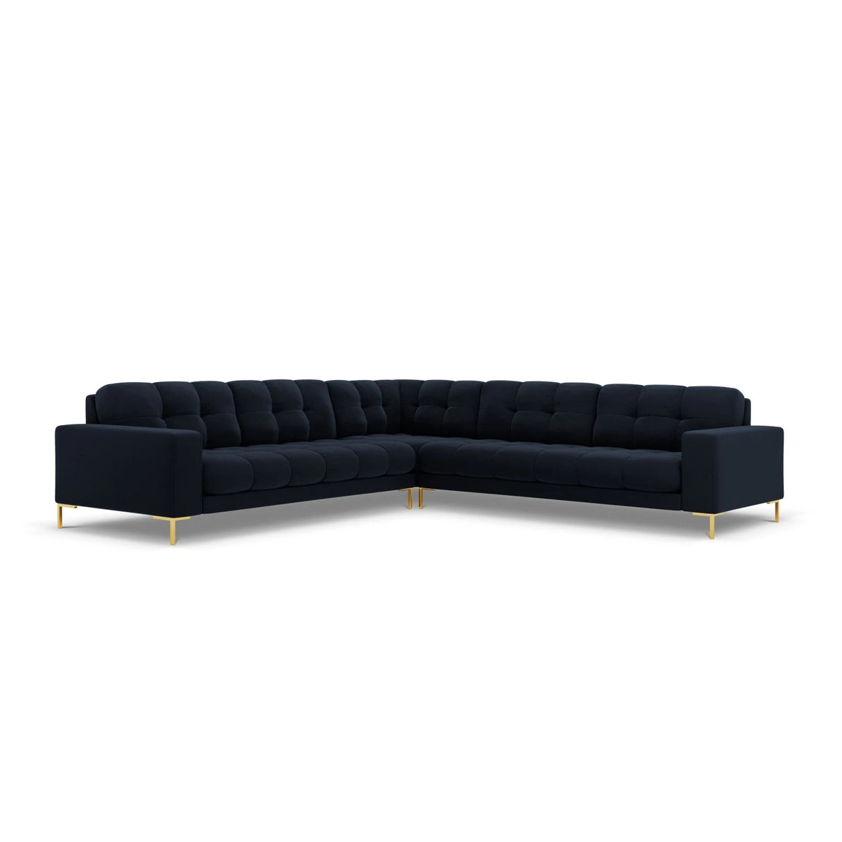 Mamaia 5-Sitzer Ecksofa symmetrisch, Beine Goldmetall, mit Bezug aus Samt (Blu89) in Dunkelblau, 256x256 cm – Bild 1