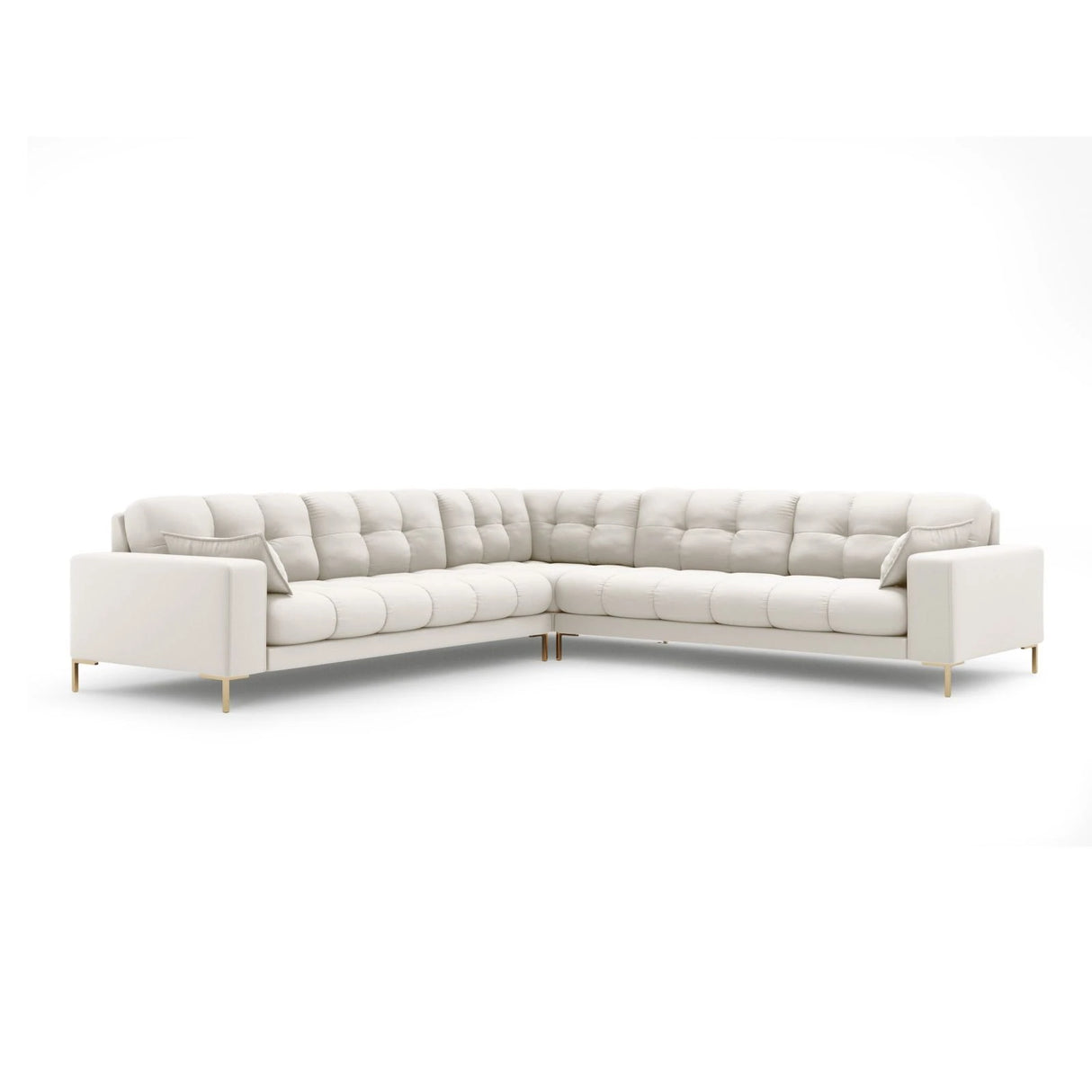 Mamaia 5-Sitzer Ecksofa symmetrisch, Beine Goldmetall, mit Bezug aus Samt oder Strukturstoff, 256x256 cm – Bild 1