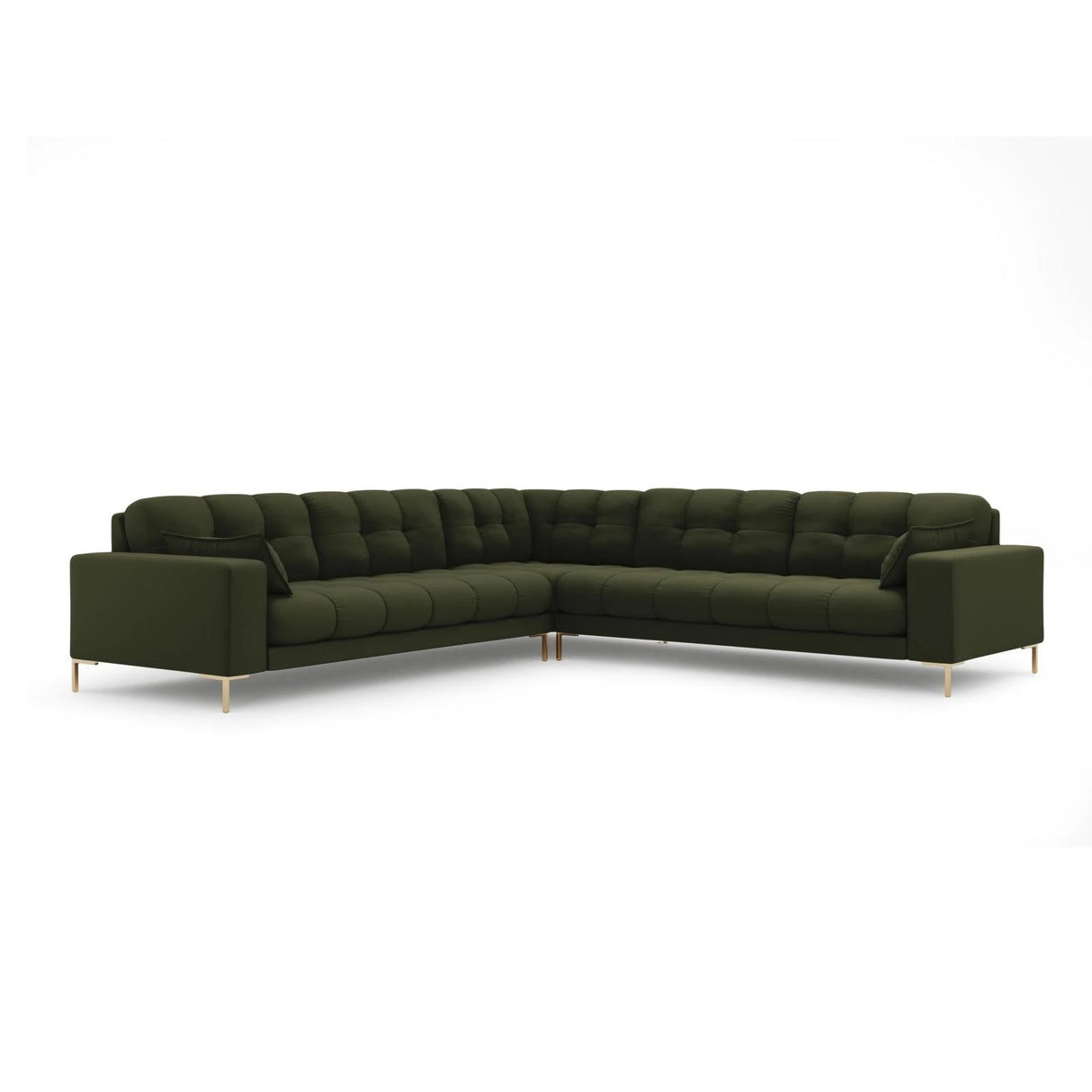 Mamaia 5-Sitzer Ecksofa symmetrisch, Beine Goldmetall, mit Bezug aus Strukturierter Stoff (Nev39) in Grün, 256x256 cm – Bild 1