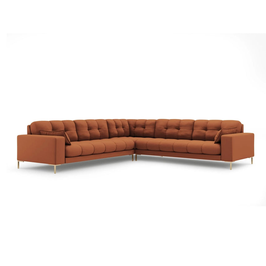 Mamaia 5-Sitzer Ecksofa symmetrisch, Beine Goldmetall, mit Bezug aus Strukturierter Stoff (Nev52) in Ziegel, 256x256 cm – Bild 1