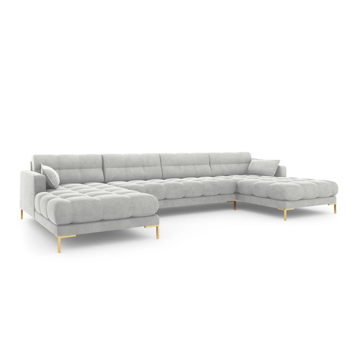 Mamaia 6-Sitzer Panorama-Sofa symmetrisch, Beine Goldmetall, mit Bezug aus Samt (Blu03) in Silber, 383x185 cm – Bild 1