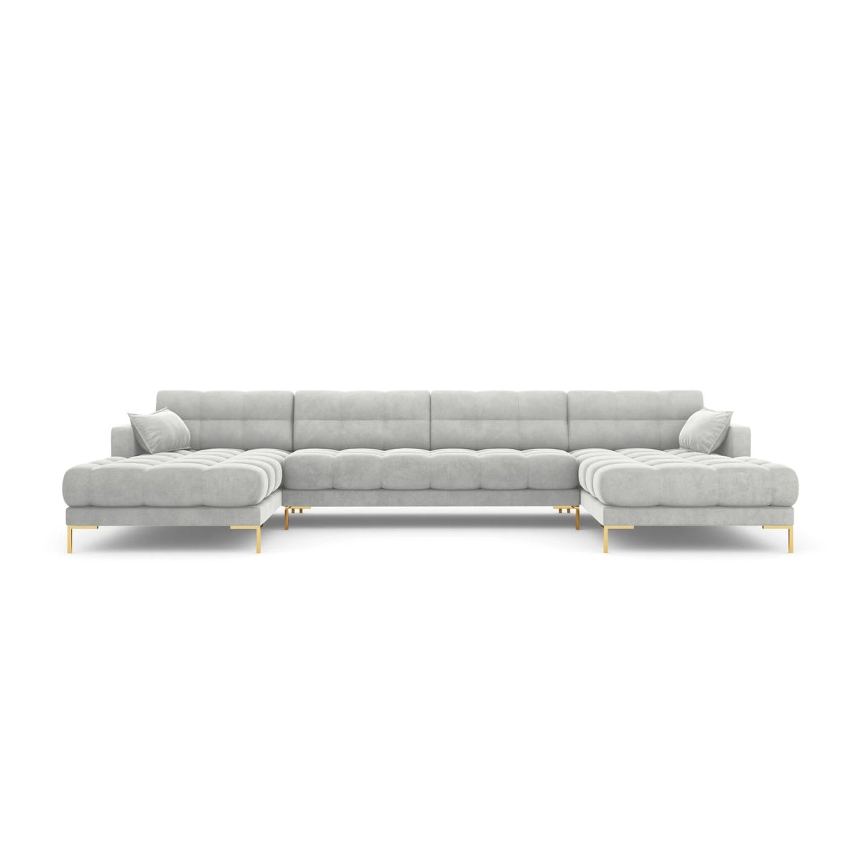 Mamaia 6-Sitzer Panorama-Sofa symmetrisch, Beine Goldmetall, mit Bezug aus Samt (Blu03) in Silber, 383x185 cm – Bild 4