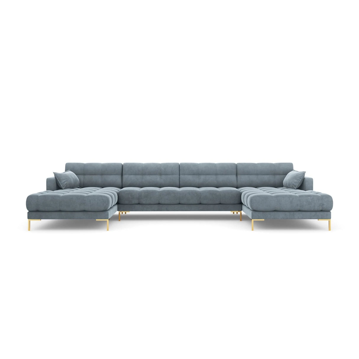 Mamaia 6-Sitzer Panorama-Sofa symmetrisch, Beine Goldmetall, mit Bezug aus Samt (Blu06) in Hellblau, 383x185 cm – Bild 4