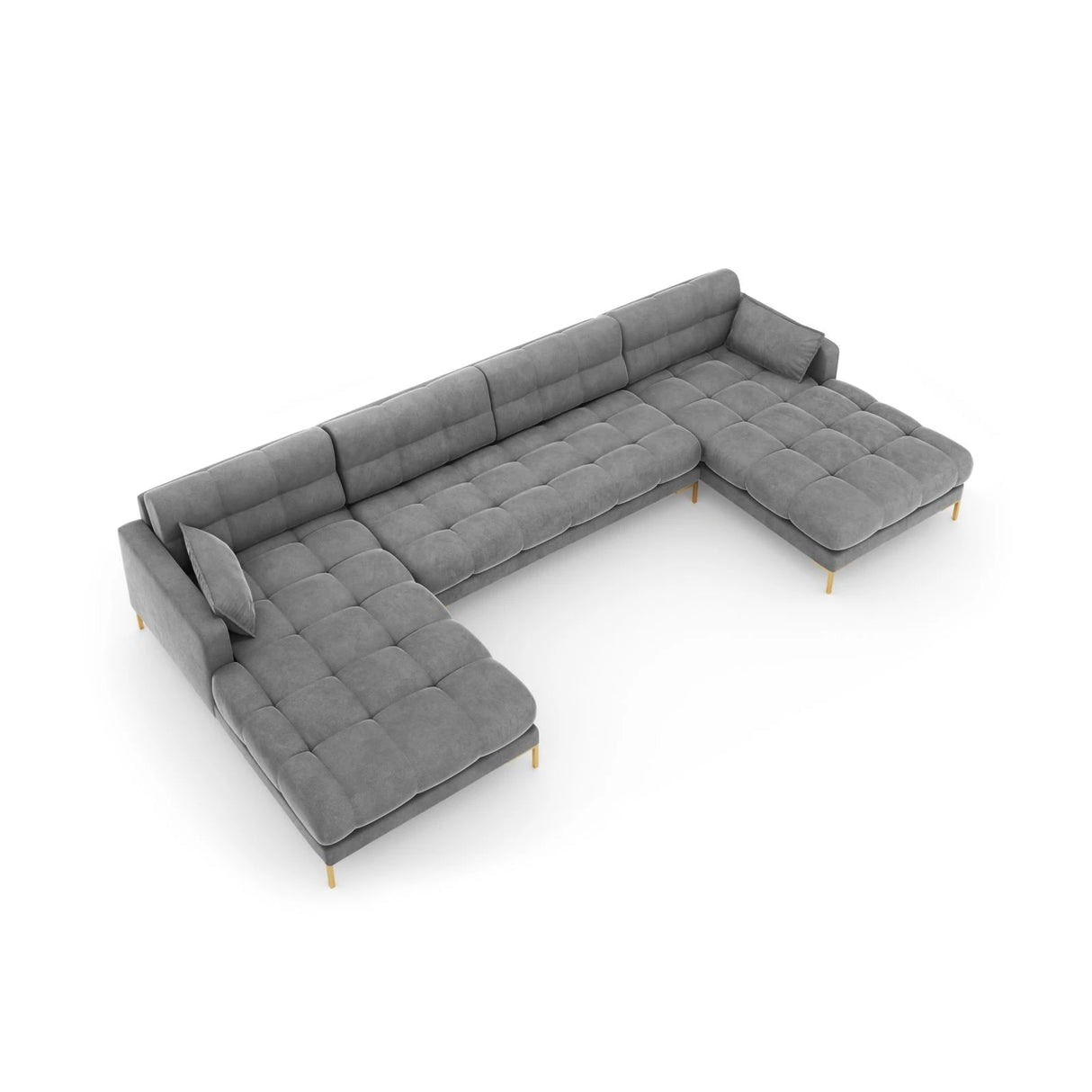 Mamaia 6-Sitzer Panorama-Sofa symmetrisch, Beine Goldmetall, mit Bezug aus Samt (Blu13) in Hellgrau, 383x185 cm – Bild 5