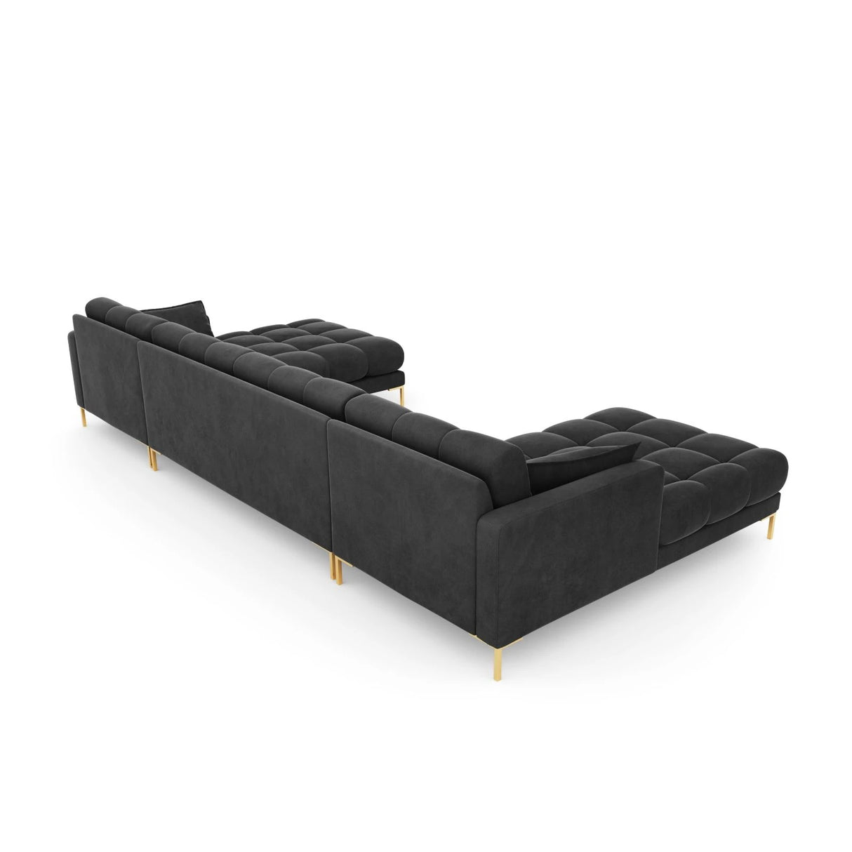 Mamaia 6-Sitzer Panorama-Sofa symmetrisch, Beine Goldmetall, mit Bezug aus Samt (Blu18) in Dunkelgrau, 383x185 cm – Bild 6