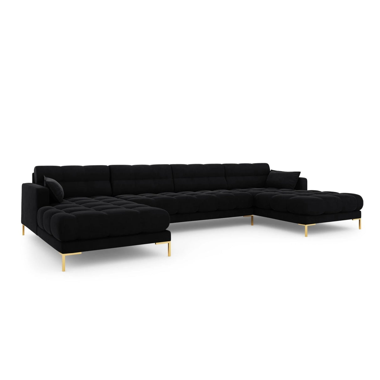 Mamaia 6-Sitzer Panorama-Sofa symmetrisch, Beine Goldmetall, mit Bezug aus Samt (Blu19) in Schwarz, 383x185 cm – Bild 1
