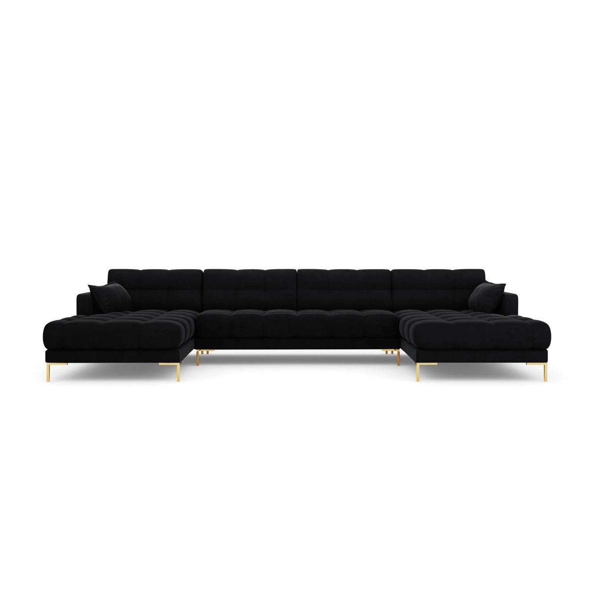 Mamaia 6-Sitzer Panorama-Sofa symmetrisch, Beine Goldmetall, mit Bezug aus Samt (Blu19) in Schwarz, 383x185 cm – Bild 4