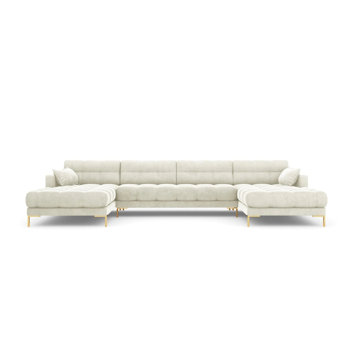 Mamaia 6-Sitzer Panorama-Sofa symmetrisch, Beine Goldmetall, mit Bezug aus Samt (Blu22) in Leichtes Beige, 383x185 cm – Bild 4