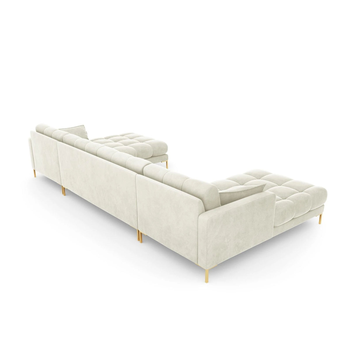 Mamaia 6-Sitzer Panorama-Sofa symmetrisch, Beine Goldmetall, mit Bezug aus Samt (Blu22) in Leichtes Beige, 383x185 cm – Bild 6