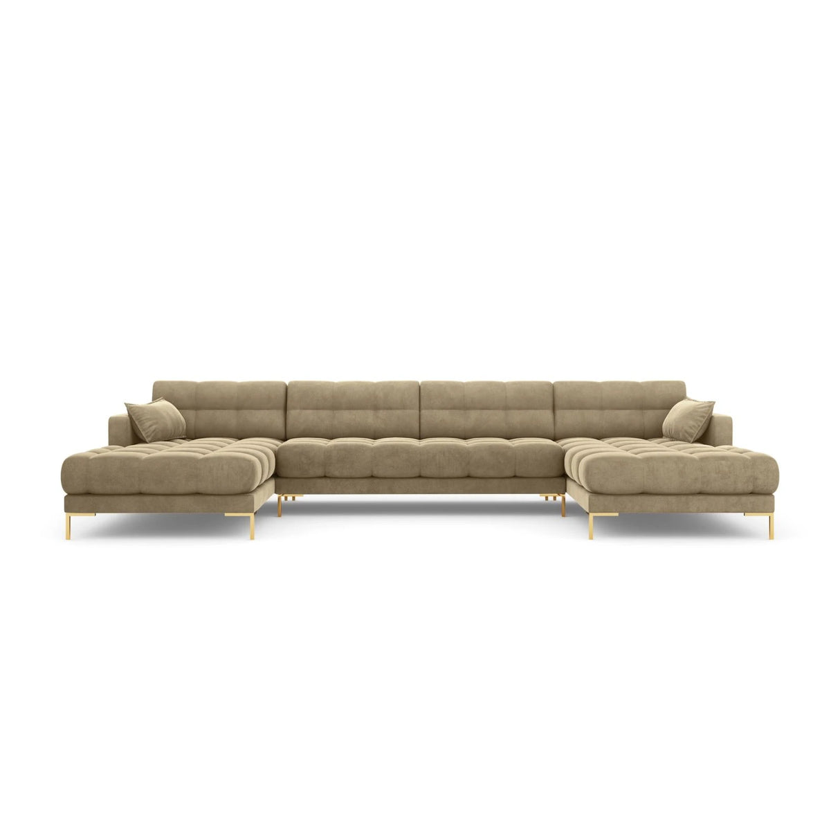 Mamaia 6-Sitzer Panorama-Sofa symmetrisch, Beine Goldmetall, mit Bezug aus Samt (Blu28) in Beige, 383x185 cm – Bild 4