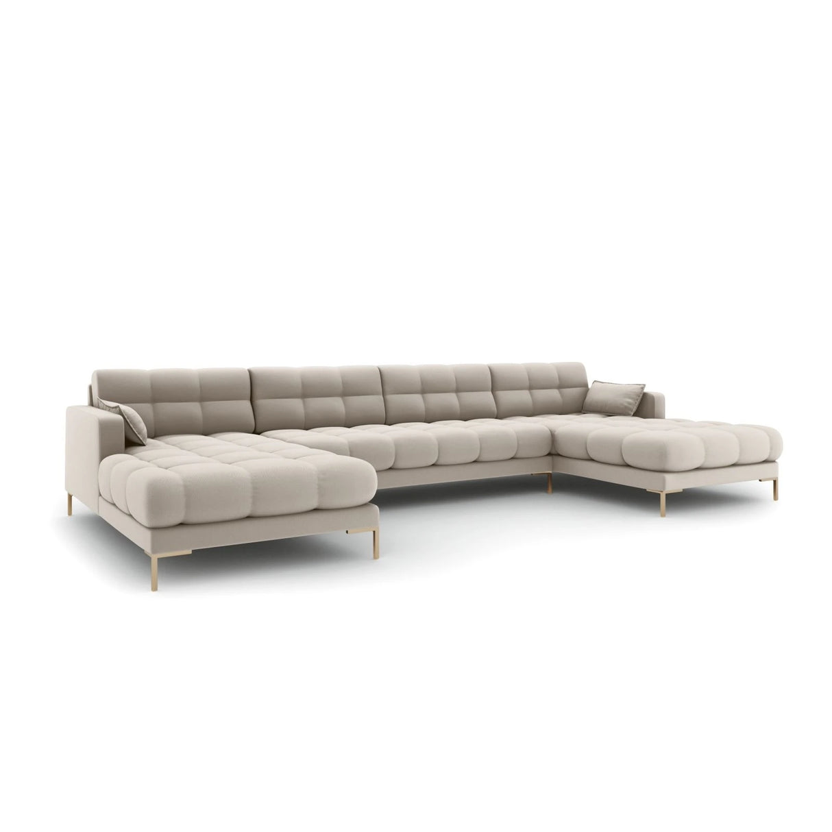 Mamaia 6-Sitzer Panorama-Sofa symmetrisch, Beine Goldmetall, mit Bezug aus Strukturierter Stoff (Nev04) in Beige, 383x185 cm – Bild 1