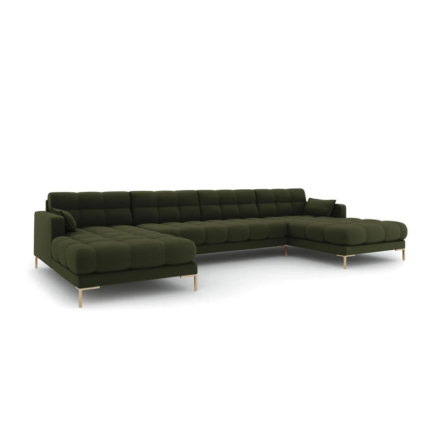 Mamaia 6-Sitzer Panorama-Sofa symmetrisch, Beine Goldmetall, mit Bezug aus Strukturierter Stoff (Nev39) in Grün, 383x185 cm – Bild 1