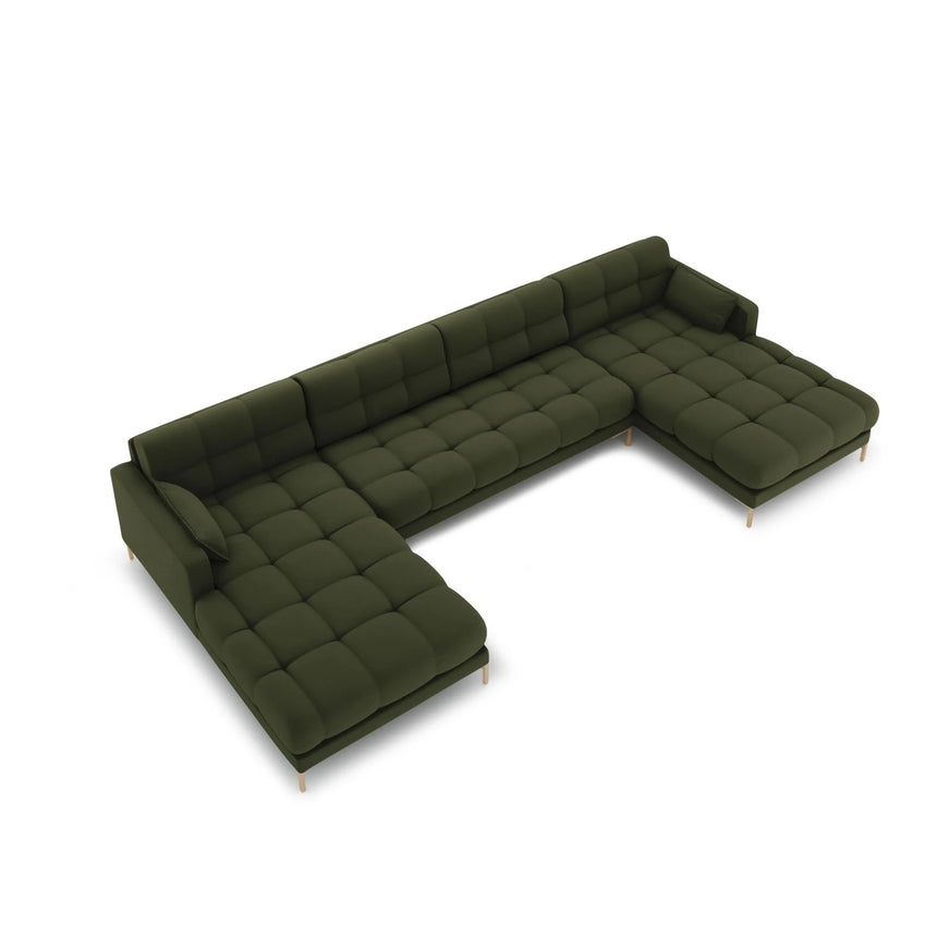 Mamaia 6-Sitzer Panorama-Sofa symmetrisch, Beine Goldmetall, mit Bezug aus Strukturierter Stoff (Nev39) in Grün, 383x185 cm – Bild 3