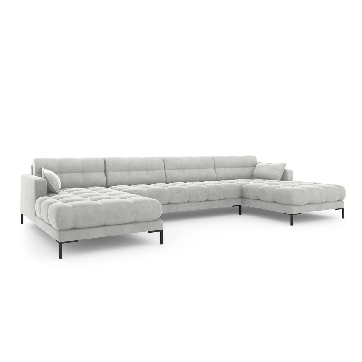 Mamaia 6-Sitzer Panorama-Sofa symmetrisch, Metallbeine Schwarz, mit Bezug aus Samt (Blu03) in Silber, 383x185 cm – Bild 1