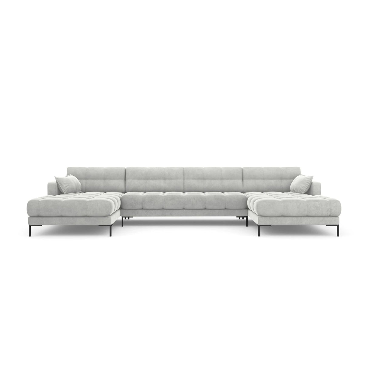 Mamaia 6-Sitzer Panorama-Sofa symmetrisch, Metallbeine Schwarz, mit Bezug aus Samt (Blu03) in Silber, 383x185 cm – Bild 4
