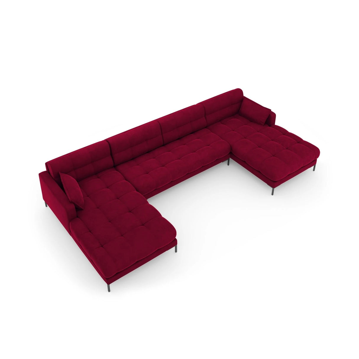 Mamaia 6-Sitzer Panorama-Sofa symmetrisch, Metallbeine Schwarz, mit Bezug aus Samt (Blu59) in Rot, 383x185 cm – Bild 5