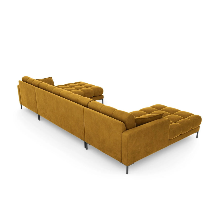 Mamaia 6-Sitzer Panorama-Sofa symmetrisch, Metallbeine Schwarz, mit Bezug aus Samt (Blu68) in Gelb, 383x185 cm – Bild 6