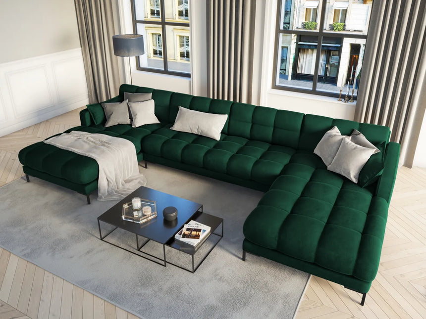 Mamaia 6-Sitzer Panorama-Sofa symmetrisch, Metallbeine Schwarz, mit Bezug aus Samt (Blu78) in Flaschengrün, 383x185 cm – Bild 2
