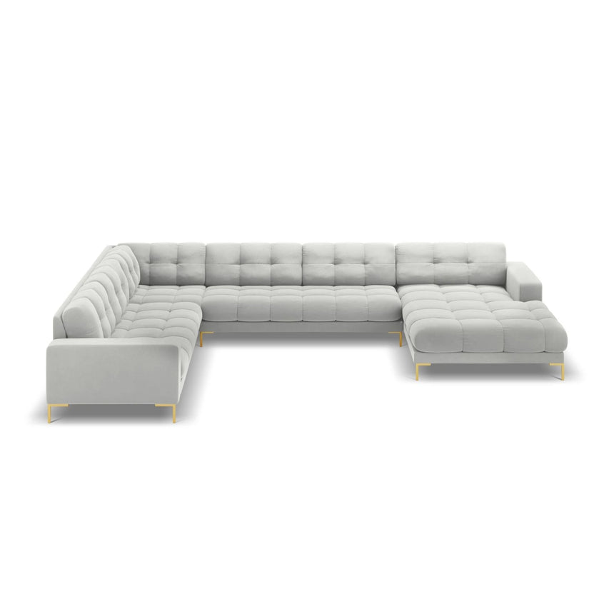 Mamaia 7-Sitzer Panorama-Ecksofa, Linke Seite, Beine Goldmetall, mit Bezug aus Samt (Blu03) in Silber, 327x256 cm – Bild 4