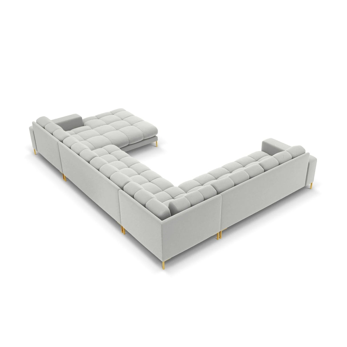 Mamaia 7-Sitzer Panorama-Ecksofa, Linke Seite, Beine Goldmetall, mit Bezug aus Samt (Blu03) in Silber, 327x256 cm – Bild 5