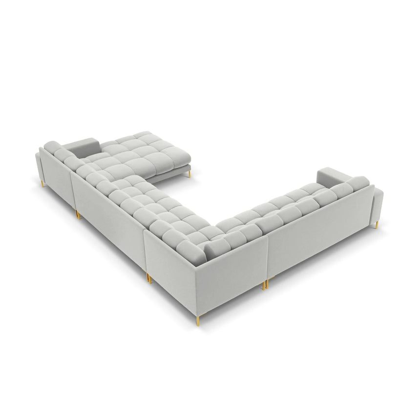 Mamaia 7-Sitzer Panorama-Ecksofa, Linke Seite, Beine Goldmetall, mit Bezug aus Samt (Blu03) in Silber, 327x256 cm – Bild 5