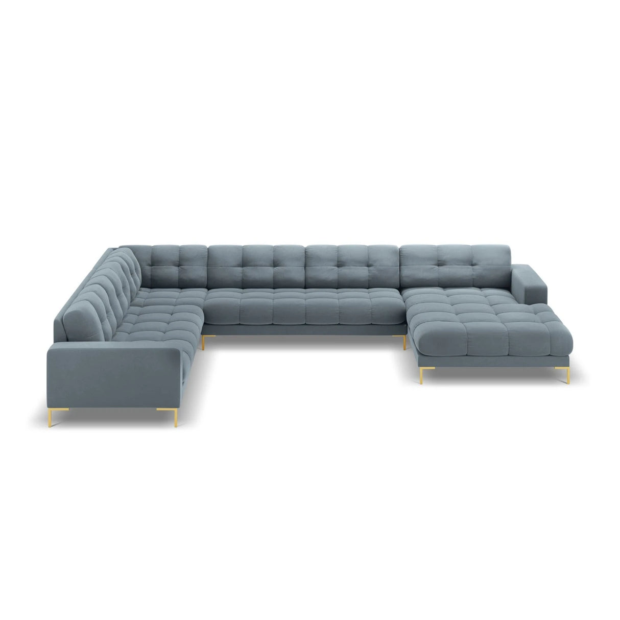 Mamaia 7-Sitzer Panorama-Ecksofa, Linke Seite, Beine Goldmetall, mit Bezug aus Samt (Blu06) in Hellblau, 327x256 cm – Bild 4