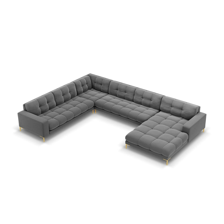 Mamaia 7-Sitzer Panorama-Ecksofa, Linke Seite, Beine Goldmetall, mit Bezug aus Samt (Blu13) in Hellgrau, 327x256 cm – Bild 1