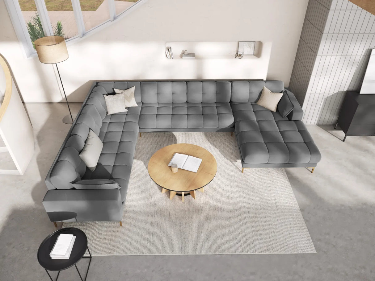 Mamaia 7-Sitzer Panorama-Ecksofa, Linke Seite, Beine Goldmetall, mit Bezug aus Samt (Blu13) in Hellgrau, 327x256 cm – Bild 2