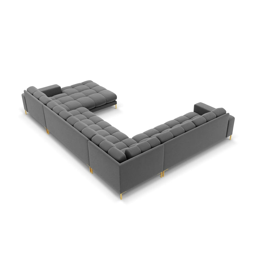 Mamaia 7-Sitzer Panorama-Ecksofa, Linke Seite, Beine Goldmetall, mit Bezug aus Samt (Blu13) in Hellgrau, 327x256 cm – Bild 5