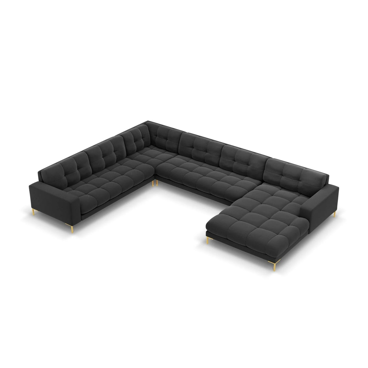 Mamaia 7-Sitzer Panorama-Ecksofa, Linke Seite, Beine Goldmetall, mit Bezug aus Samt (Blu18) in Dunkelgrau, 327x256 cm – Bild 1
