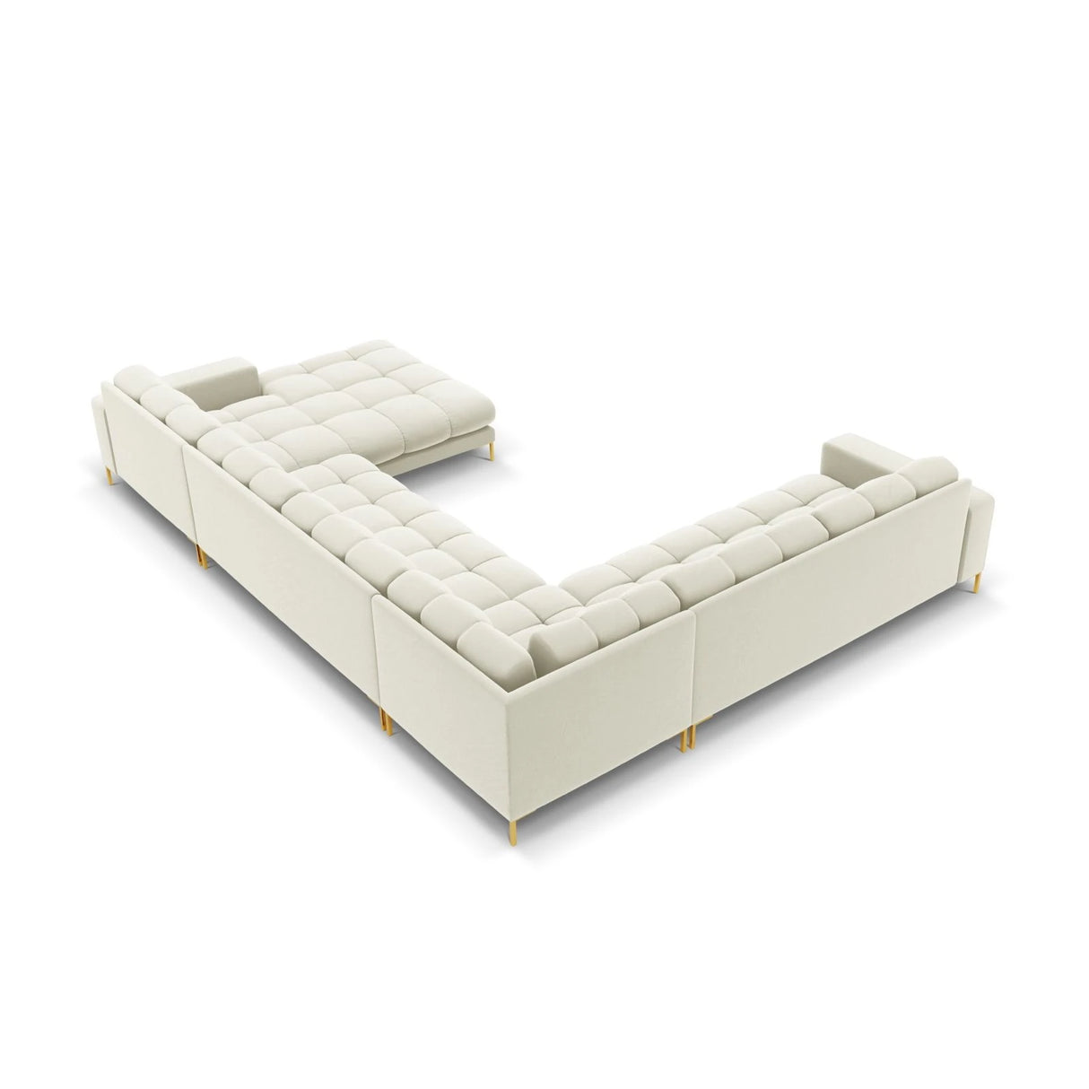 Mamaia 7-Sitzer Panorama-Ecksofa, Linke Seite, Beine Goldmetall, mit Bezug aus Samt (Blu22) in Leichtes Beige, 327x256 cm – Bild 5