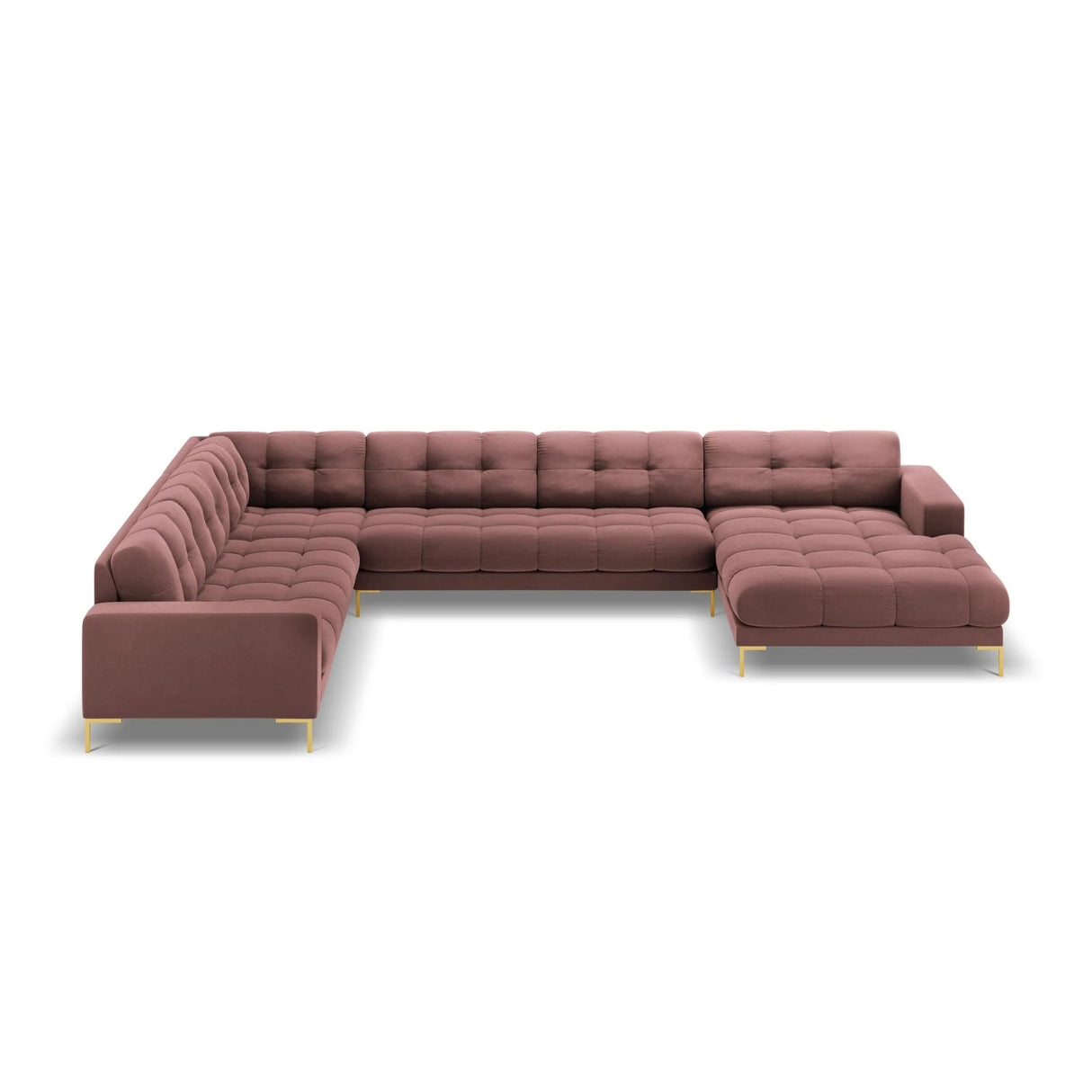 Mamaia 7-Sitzer Panorama-Ecksofa, Linke Seite, Beine Goldmetall, mit Bezug aus Samt (Blu52) in Rosa, 327x256 cm – Bild 4