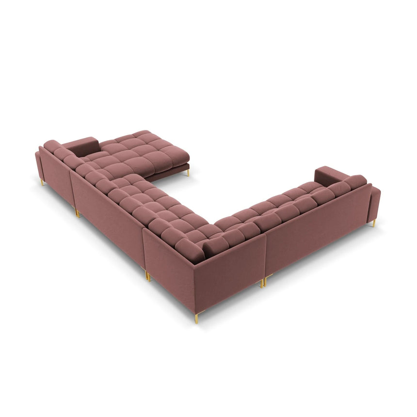 Mamaia 7-Sitzer Panorama-Ecksofa, Linke Seite, Beine Goldmetall, mit Bezug aus Samt (Blu52) in Rosa, 327x256 cm – Bild 5
