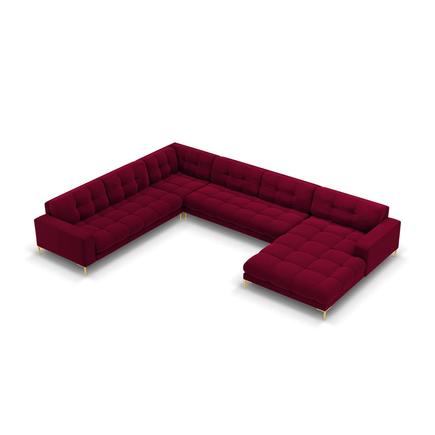 Mamaia 7-Sitzer Panorama-Ecksofa, Linke Seite, Beine Goldmetall, mit Bezug aus Samt (Blu59) in Rot, 327x256 cm – Bild 1