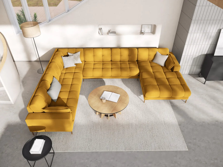 Mamaia 7-Sitzer Panorama-Ecksofa, Linke Seite, Beine Goldmetall, mit Bezug aus Samt (Blu68) in Gelb, 327x256 cm – Bild 2