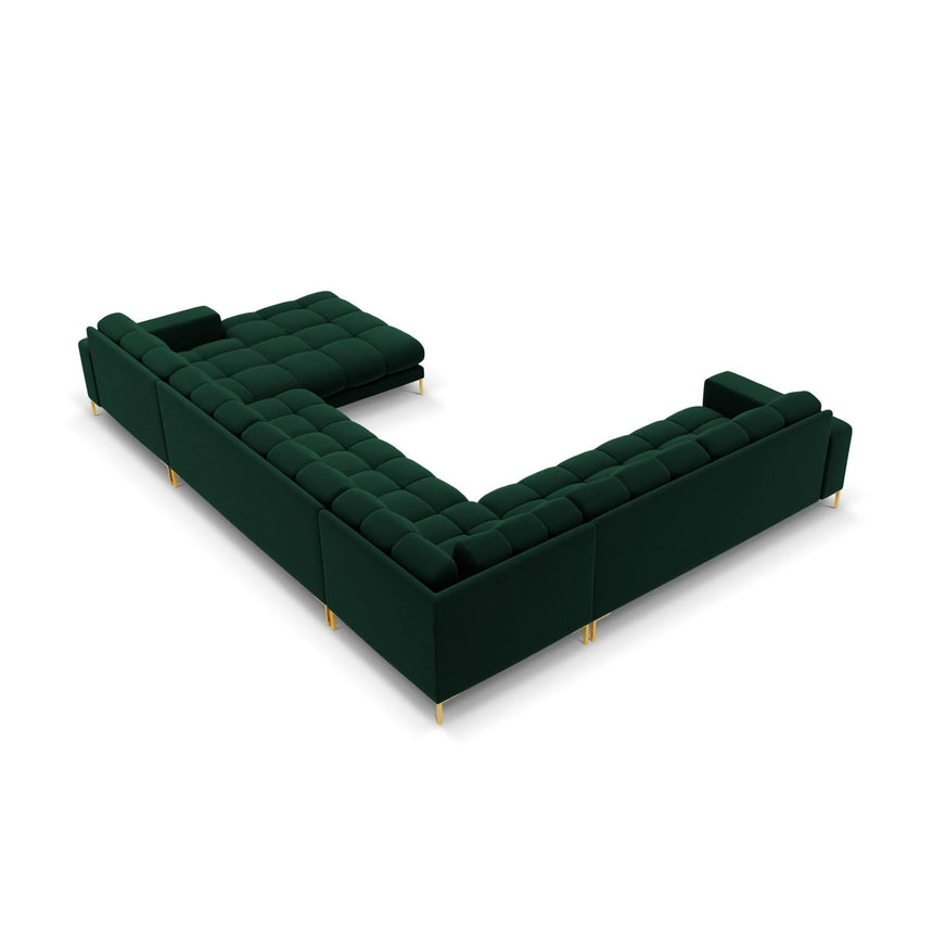 Mamaia 7-Sitzer Panorama-Ecksofa, Linke Seite, Beine Goldmetall, mit Bezug aus Samt (Blu78) in Flaschengrün, 327x256 cm – Bild 5