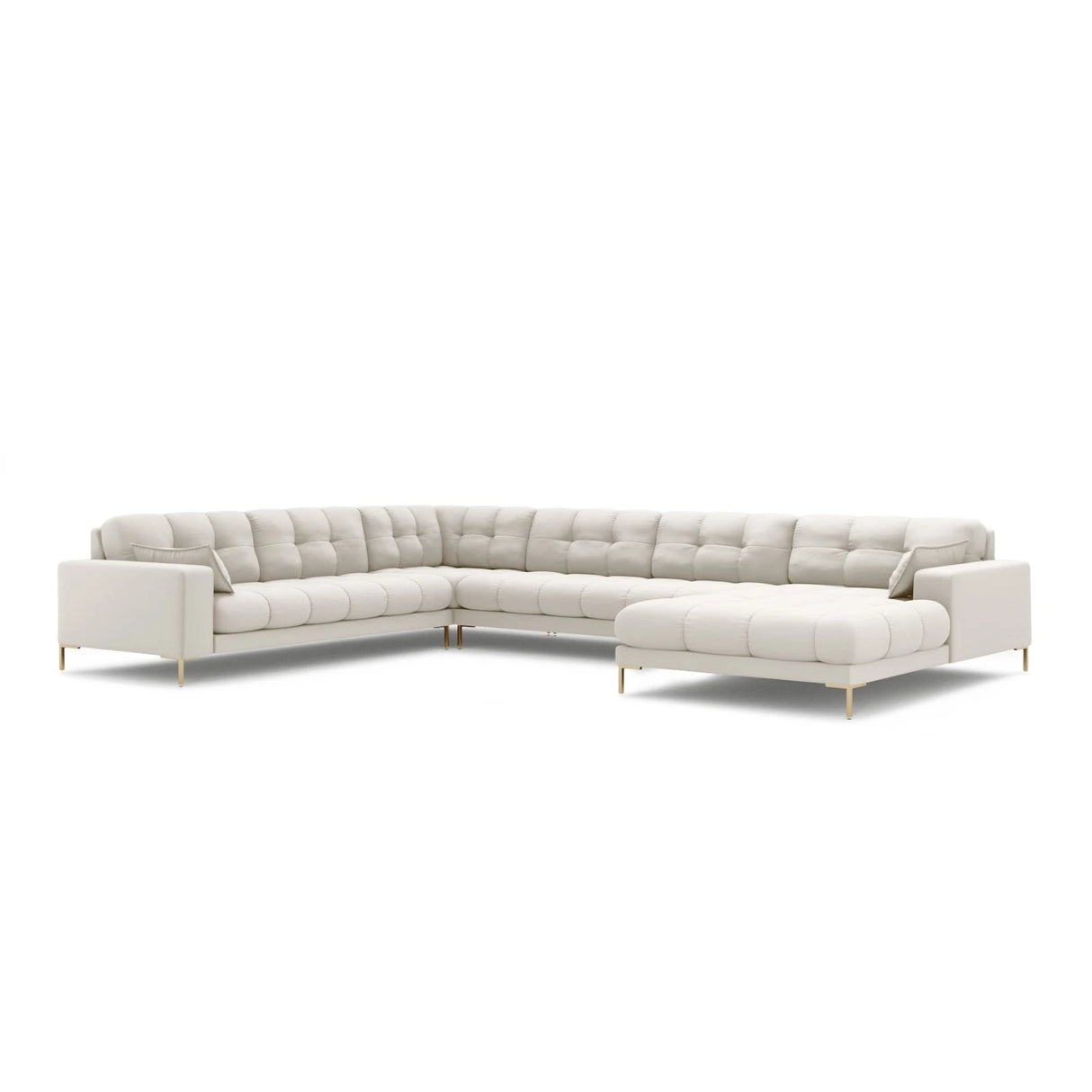 Mamaia 7-Sitzer Panorama-Ecksofa, Linke Seite, Beine Goldmetall, mit Bezug aus Samt oder Strukturstoff, 327x256 cm – Bild 1